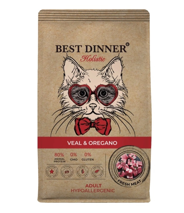 Корм Best Dinner Holistic Hypoallergenic Adult Sterilised для кошек, телятина с орегано 1,5 кг фото 1