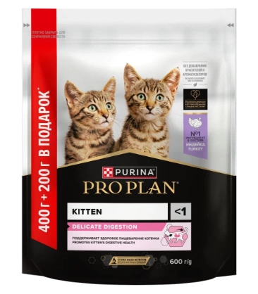 Корм Purina Pro Plan Delicate для котят с чувствительным пищеварением, c индейкой 400 г + 200 г фото 1