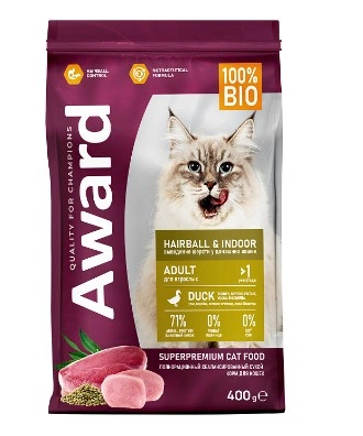 Корм Award Hairball Indoor для кошек выведения шерстки с уткой и индейкой (чечевица и Юкки) 400г фото 1