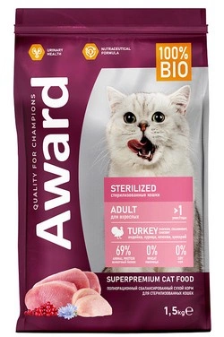 Корм Award Sterilised для кошек с индейкой и курицей с добавлением клюквы и цикория 1,5 кг фото 2